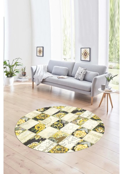 Dijital Kaymaz Yıkanabilir Patchwork Yuvarlak Balkon Mutfak Salon Halısı, N-Y-Patchwork-19-Sarı, fırsatları