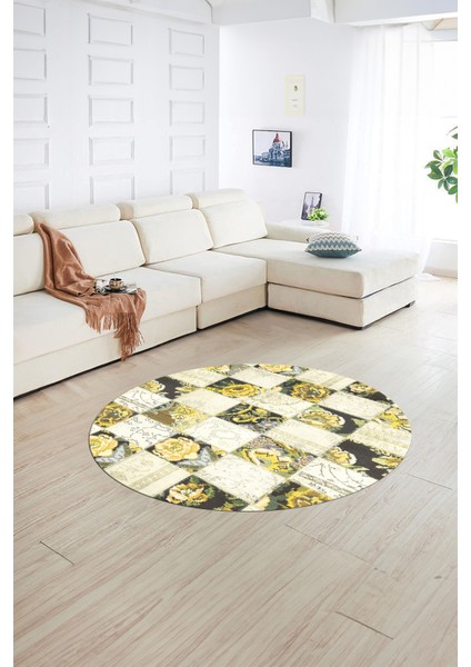 Dijital Kaymaz Yıkanabilir Patchwork Yuvarlak Balkon Mutfak Salon Halısı, N-Y-Patchwork-19-Sarı, indirimleri