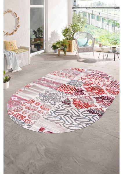 Dijital Kaymaz Yıkanabilir Patchwork Oval Yolluk Mutfak Salon Halısı, N-O-Patchwork-02-Kırmızı,