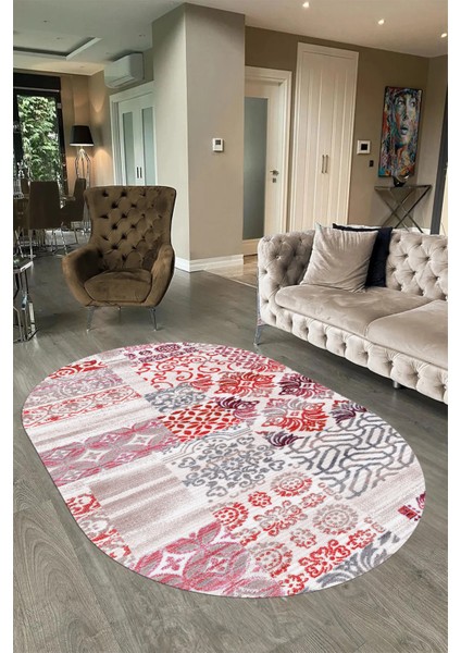 Dijital Kaymaz Yıkanabilir Patchwork Oval Yolluk Mutfak Salon Halısı, N-O-Patchwork-02-Kırmızı,