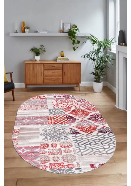 Dijital Kaymaz Yıkanabilir Patchwork Oval Yolluk Mutfak Salon Halısı, N-O-Patchwork-02-Kırmızı,