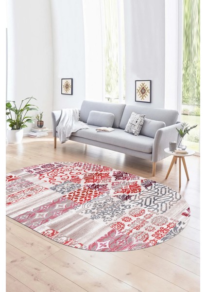 Dijital Kaymaz Yıkanabilir Patchwork Oval Yolluk Mutfak Salon Halısı, N-O-Patchwork-02-Kırmızı,
