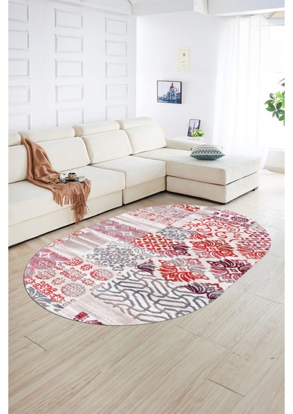 Dijital Kaymaz Yıkanabilir Patchwork Oval Yolluk Mutfak Salon Halısı, N-O-Patchwork-02-Kırmızı,