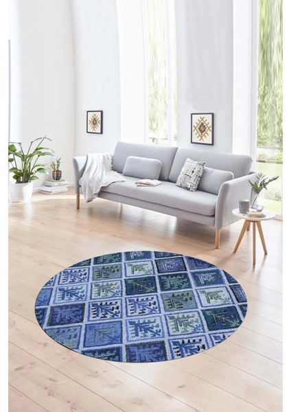 Dijital Kaymaz Yıkanabilir Patchwork Yuvarlak Balkon Mutfak Salon Halısı, N-Y-Patchwork-08-Mavi, fırsatları