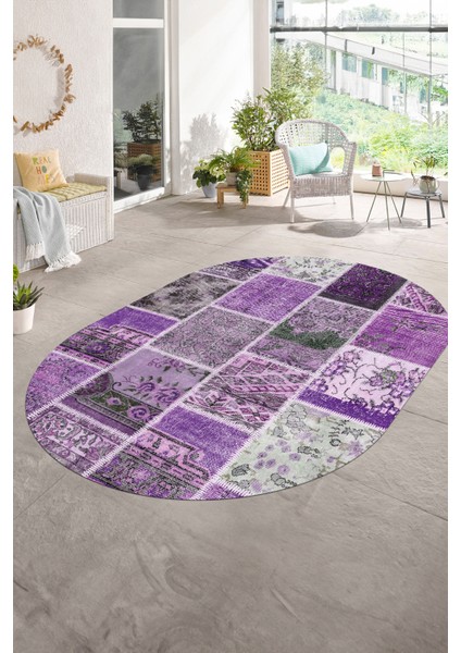 Dijital Kaymaz Yıkanabilir Patchwork Oval Yolluk Mutfak Salon Halısı, N-O-Patchwork-04-Mor,