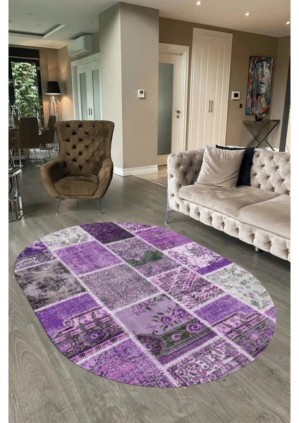 Dijital Kaymaz Yıkanabilir Patchwork Oval Yolluk Mutfak Salon Halısı, N-O-Patchwork-04-Mor, fiyatları
