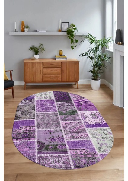 Dijital Kaymaz Yıkanabilir Patchwork Oval Yolluk Mutfak Salon Halısı, N-O-Patchwork-04-Mor, modelleri