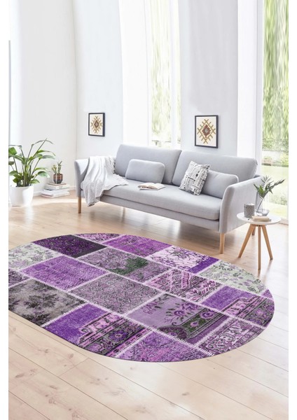 Dijital Kaymaz Yıkanabilir Patchwork Oval Yolluk Mutfak Salon Halısı, N-O-Patchwork-04-Mor, fırsatları