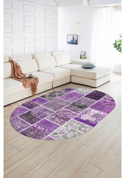 Dijital Kaymaz Yıkanabilir Patchwork Oval Yolluk Mutfak Salon Halısı, N-O-Patchwork-04-Mor, indirimleri