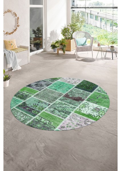 Dijital Kaymaz Yıkanabilir Patchwork Yuvarlak Balkon Mutfak Salon Halısı, N-Y-Patchwork-04-Yeşil,