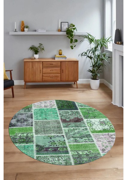 Dijital Kaymaz Yıkanabilir Patchwork Yuvarlak Balkon Mutfak Salon Halısı, N-Y-Patchwork-04-Yeşil, modelleri