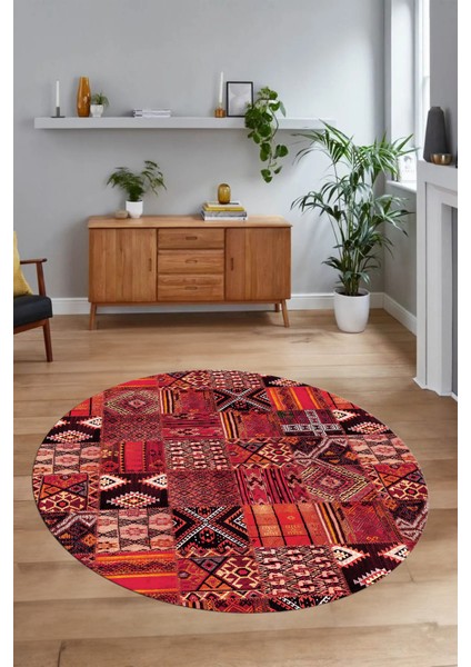 Dijital Kaymaz Yıkanabilir Patchwork Yuvarlak Balkon Mutfak Salon Halısı, N-Y-Patchwork-06-Kırmızı, modelleri