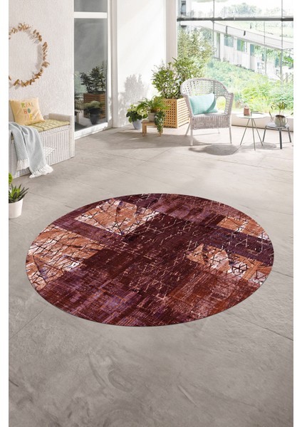 Dijital Kaymaz Yıkanabilir Patchwork Yuvarlak Balkon Mutfak Salon Halısı, N-Y-Patchwork-05-Kırmızı,