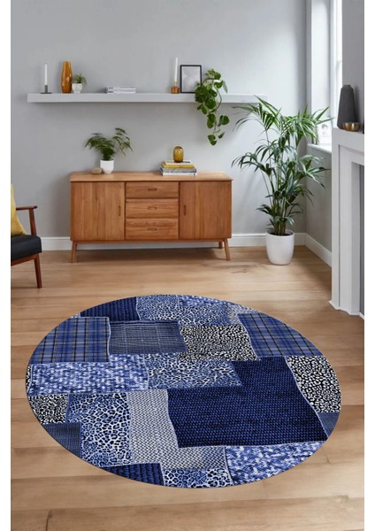 Dijital Kaymaz Yıkanabilir Patchwork Yuvarlak Balkon Mutfak Salon Halısı, N-Y-Patchwork-15-Mavi, modelleri