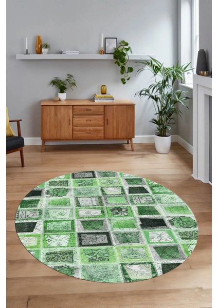 Dijital Kaymaz Yıkanabilir Patchwork Yuvarlak Balkon Mutfak Salon Halısı, N-Y-Patchwork-14-Yeşil, modelleri