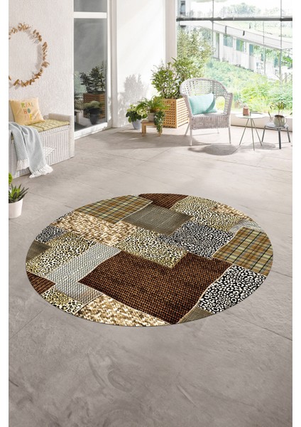 Dijital Kaymaz Yıkanabilir Patchwork Yuvarlak Balkon Mutfak Salon Halısı, N-Y-Patchwork-15-Kahve,