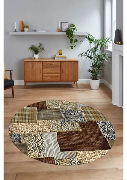 Dijital Kaymaz Yıkanabilir Patchwork Yuvarlak Balkon Mutfak Salon Halısı, N-Y-Patchwork-15-Kahve, modelleri