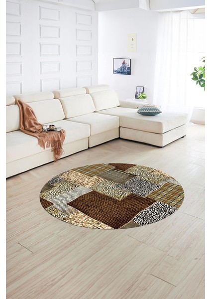 Dijital Kaymaz Yıkanabilir Patchwork Yuvarlak Balkon Mutfak Salon Halısı, N-Y-Patchwork-15-Kahve, indirimleri