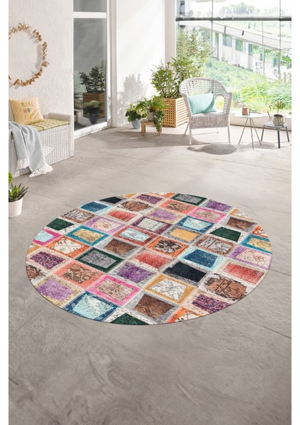 Dijital Kaymaz Yıkanabilir Patchwork Yuvarlak Balkon Mutfak Salon Halısı, N-Y-Patchwork-14-Renkli,