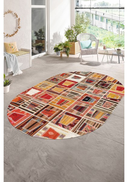 Dijital Kaymaz Yıkanabilir Patchwork Oval Yolluk Mutfak Salon Halısı, N-O-Patchwork-11-Renkli,