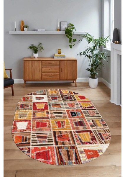 Dijital Kaymaz Yıkanabilir Patchwork Oval Yolluk Mutfak Salon Halısı, N-O-Patchwork-11-Renkli,