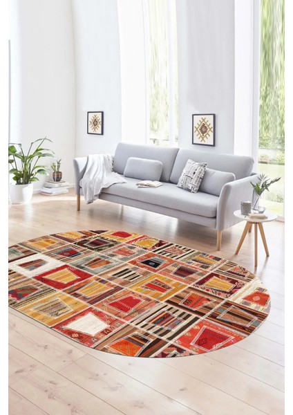 Dijital Kaymaz Yıkanabilir Patchwork Oval Yolluk Mutfak Salon Halısı, N-O-Patchwork-11-Renkli,