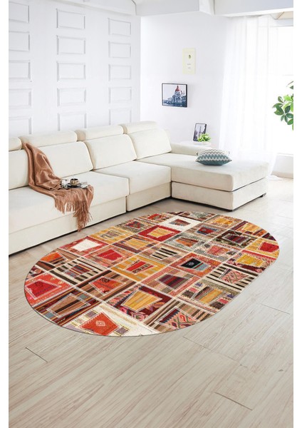 Dijital Kaymaz Yıkanabilir Patchwork Oval Yolluk Mutfak Salon Halısı, N-O-Patchwork-11-Renkli,