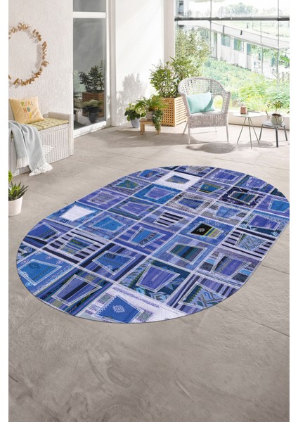Dijital Kaymaz Yıkanabilir Patchwork Oval Yolluk Mutfak Salon Halısı, N-O-Patchwork-11-Mavi,
