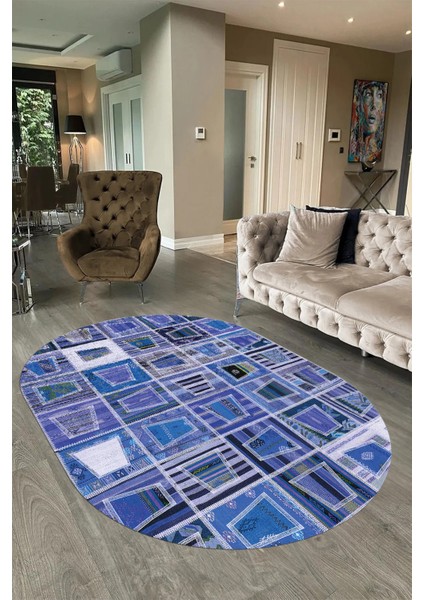 Dijital Kaymaz Yıkanabilir Patchwork Oval Yolluk Mutfak Salon Halısı, N-O-Patchwork-11-Mavi,