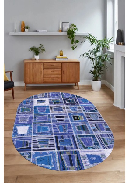 Dijital Kaymaz Yıkanabilir Patchwork Oval Yolluk Mutfak Salon Halısı, N-O-Patchwork-11-Mavi,