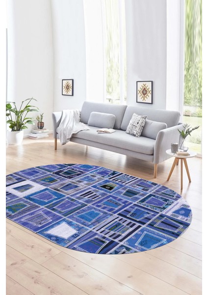 Dijital Kaymaz Yıkanabilir Patchwork Oval Yolluk Mutfak Salon Halısı, N-O-Patchwork-11-Mavi,