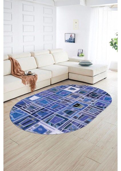 Dijital Kaymaz Yıkanabilir Patchwork Oval Yolluk Mutfak Salon Halısı, N-O-Patchwork-11-Mavi,