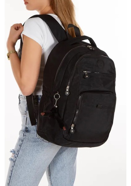 NP288 Unisex Su Geçirmez Kumaş Günlük Okul Seyahat Siyah Sırt Çantası