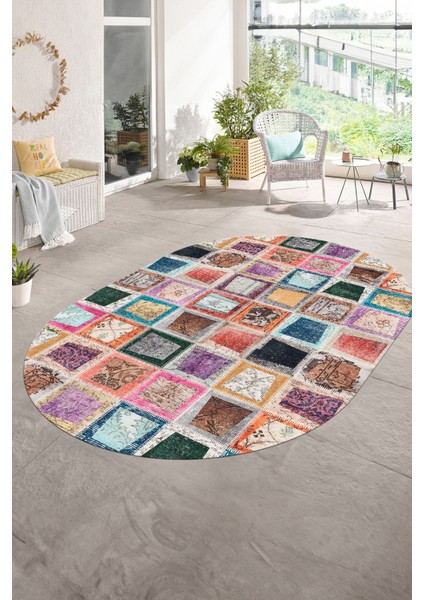 Dijital Kaymaz Yıkanabilir Patchwork Oval Yolluk Mutfak Salon Halısı, N-O-Patchwork-14-Renkli,