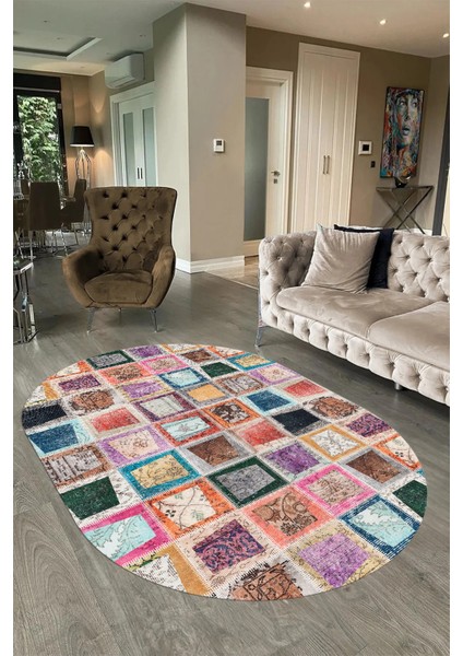 Dijital Kaymaz Yıkanabilir Patchwork Oval Yolluk Mutfak Salon Halısı, N-O-Patchwork-14-Renkli, fiyatları