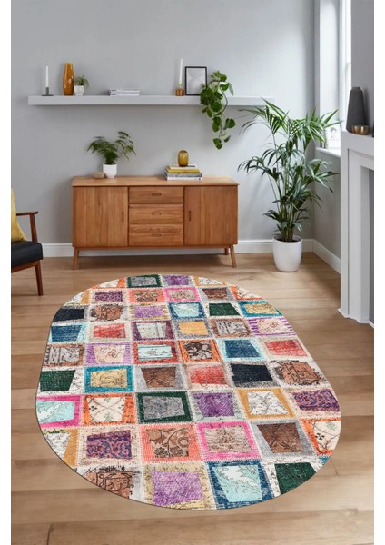 Dijital Kaymaz Yıkanabilir Patchwork Oval Yolluk Mutfak Salon Halısı, N-O-Patchwork-14-Renkli, modelleri