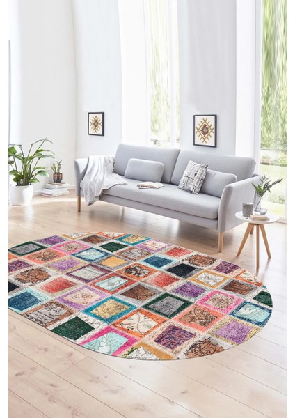 Dijital Kaymaz Yıkanabilir Patchwork Oval Yolluk Mutfak Salon Halısı, N-O-Patchwork-14-Renkli, fırsatları