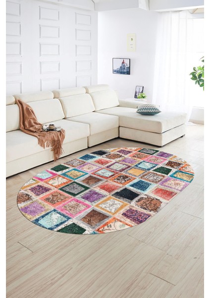 Dijital Kaymaz Yıkanabilir Patchwork Oval Yolluk Mutfak Salon Halısı, N-O-Patchwork-14-Renkli, indirimleri
