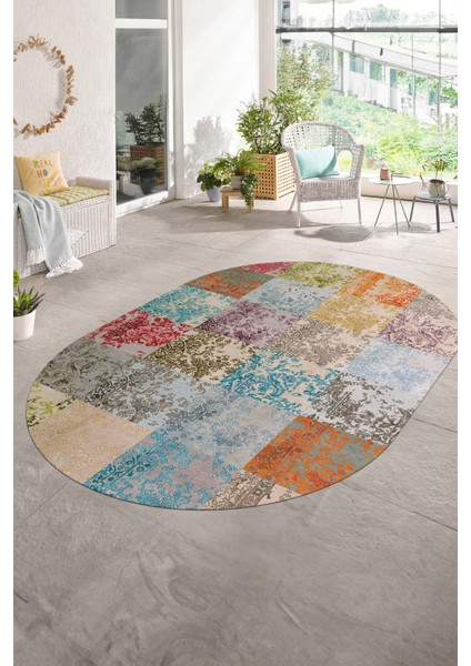 Dijital Kaymaz Yıkanabilir Patchwork Oval Yolluk Mutfak Salon Halısı, N-O-Patchwork-17-Renkli,