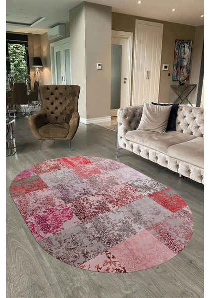 Dijital Kaymaz Yıkanabilir Patchwork Oval Yolluk Mutfak Salon Halısı, N-O-Patchwork-17-Kırmızı, fiyatları