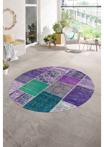 Dijital Kaymaz Yıkanabilir Patchwork Yuvarlak Balkon Mutfak Salon Halısı, N-Y-Patchwork-01-Mor,