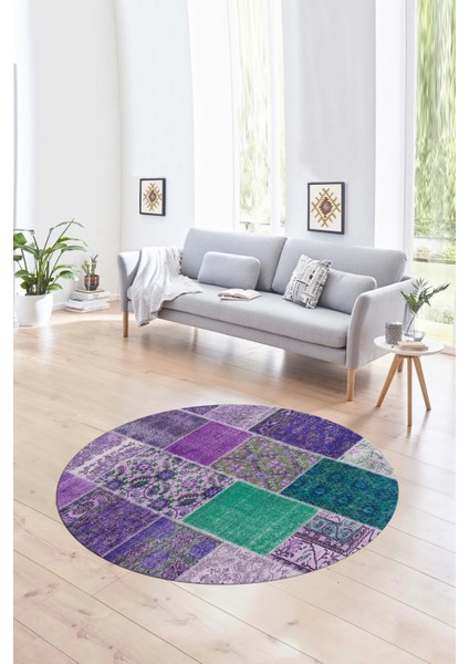 Dijital Kaymaz Yıkanabilir Patchwork Yuvarlak Balkon Mutfak Salon Halısı, N-Y-Patchwork-01-Mor, fırsatları