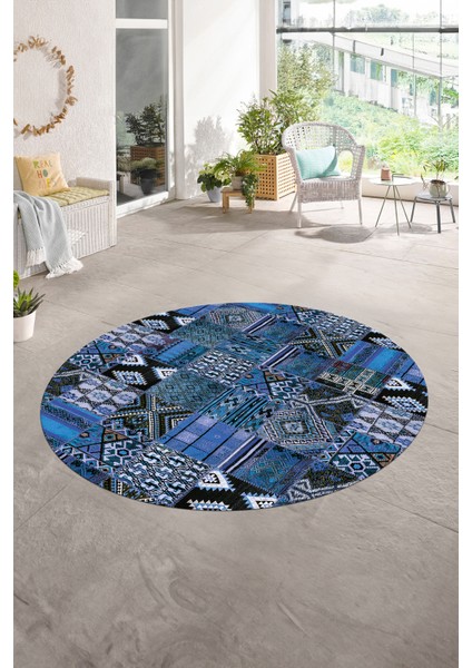 Dijital Kaymaz Yıkanabilir Patchwork Yuvarlak Balkon Mutfak Salon Halısı, N-Y-Patchwork-06-Mavi,