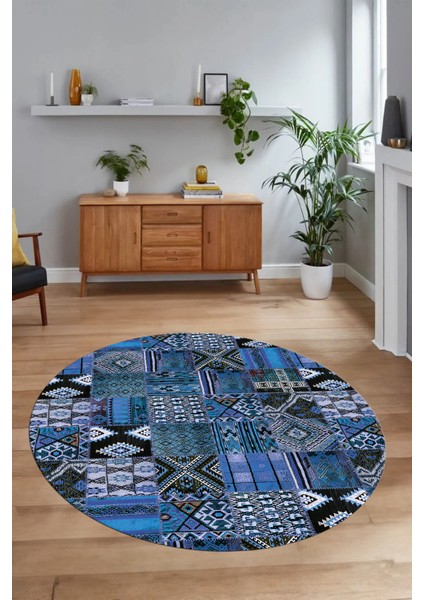 Dijital Kaymaz Yıkanabilir Patchwork Yuvarlak Balkon Mutfak Salon Halısı, N-Y-Patchwork-06-Mavi, modelleri