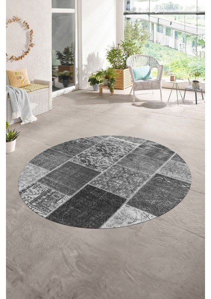 Dijital Kaymaz Yıkanabilir Patchwork Yuvarlak Balkon Mutfak Salon Halısı, N-Y-Patchwork-01-Gri,