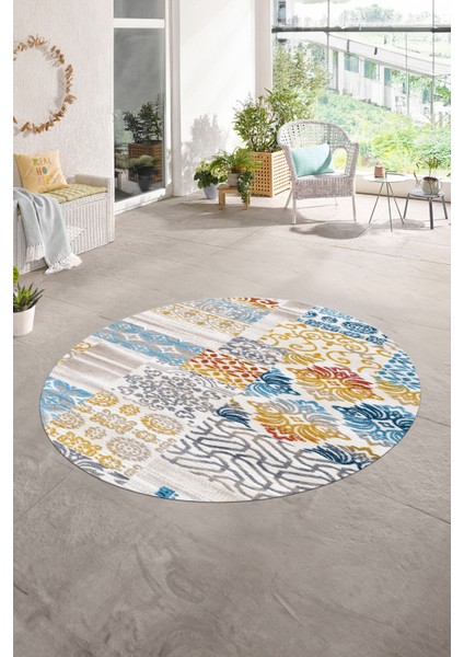 Dijital Kaymaz Yıkanabilir Patchwork Yuvarlak Balkon Mutfak Salon Halısı, N-Y-Patchwork-02-Renkli,