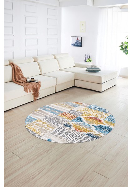 Dijital Kaymaz Yıkanabilir Patchwork Yuvarlak Balkon Mutfak Salon Halısı, N-Y-Patchwork-02-Renkli, indirimleri
