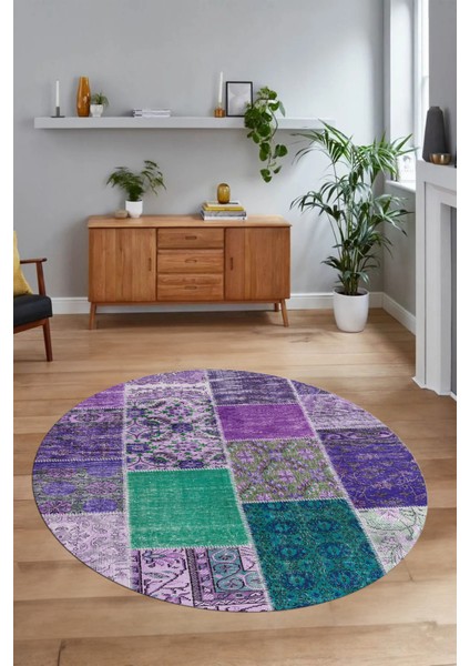 Dijital Kaymaz Yıkanabilir Patchwork Yuvarlak Balkon Mutfak Salon Halısı, N-Y-Patchwork-01-Mor, modelleri