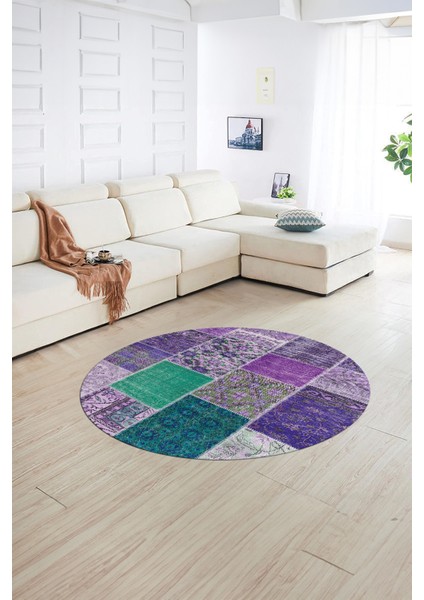 Dijital Kaymaz Yıkanabilir Patchwork Yuvarlak Balkon Mutfak Salon Halısı, N-Y-Patchwork-01-Mor, indirimleri
