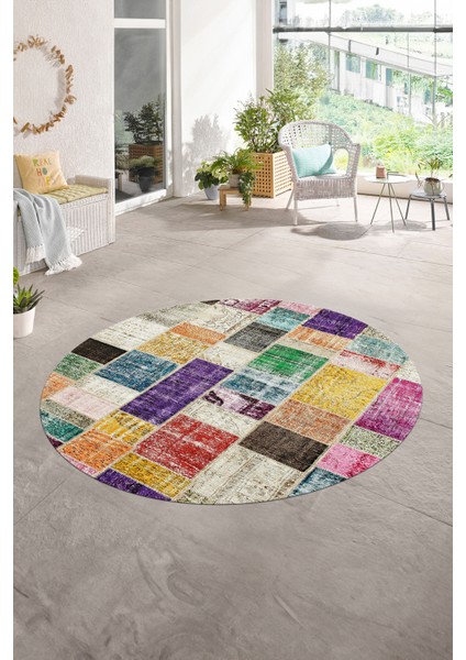 Dijital Kaymaz Yıkanabilir Patchwork Yuvarlak Balkon Mutfak Salon Halısı, N-Y-Patchwork-03-Renkli,